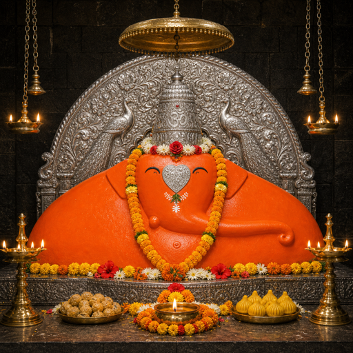 श्री बल्लाळेश्वर (गणपती / विनायक) — पूर्वाभिमुख, डावीकडे सोंड, दगडी सिंहासनावरील मूर्ती