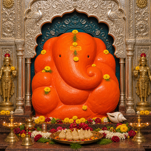 श्री महागणपती (गणपती / गजानन) — डाव्या सोंडेची, कमळासनस्थ, ऋद्धि-सिद्धिसह पूर्वाभिमुख मूर्ती