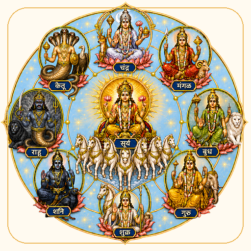 Surya, Chandra, Mangal, Budh, Guru (Brihaspati), Shukra, Shani, Rahu, and Ketu — the nine graha-devatas